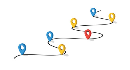 Naklejka premium A winding black path features several vibrant three dimensional map location pins in blue yellow and red colors across a pristine white studio background.