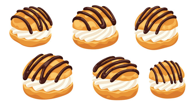 A collection of six golden brown cream puffs filled with fluffy white whipped cream and decorated with elegant drizzles of rich dark chocolate sauce.