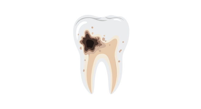 A detailed medical illustration of a human molar tooth reveals a significant dark cavity and extensive decay penetrating deep into the internal structure.