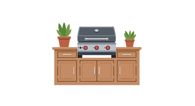A sleek black gas barbecue grill sits atop a sturdy wooden outdoor kitchen cabinet featuring two small green potted plants on either side of the unit.