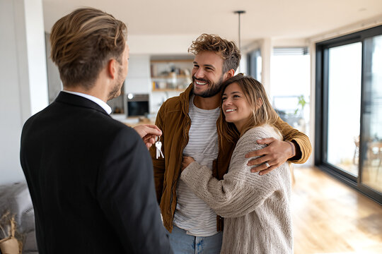 Happy young couple receiving house keys from realtor in modern sunlit apartment &mdash; celebrating new home, real estate closing, and homeownership joy