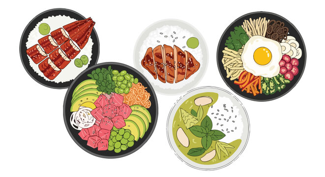 Assorted Asian Food Bowls Vector Illustration including Bibimbap, Tuna Poke Bowl, Unagi Eel Rice, and Green Curry