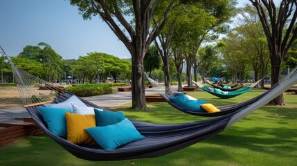 Fototapeta premium A serene park scene with multiple hammocks tied between trees, each adorned with colorful pillows under clear blue skies.