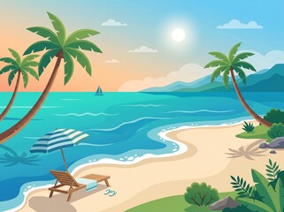 Fototapeta premium Tropical Beach Summer Vacation Illustration with Beach Chair, Umbrella, and Palm Trees on Sunny Shore