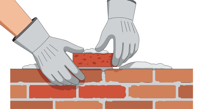 Skilled hands protected by grey industrial gloves meticulously place a textured red brick onto a rising wall using fresh grey mortar in this image.