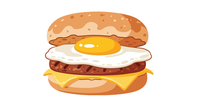 Delicious Breakfast Burger with Fried Egg Beef Patty and Melted Cheese Vector Illustration