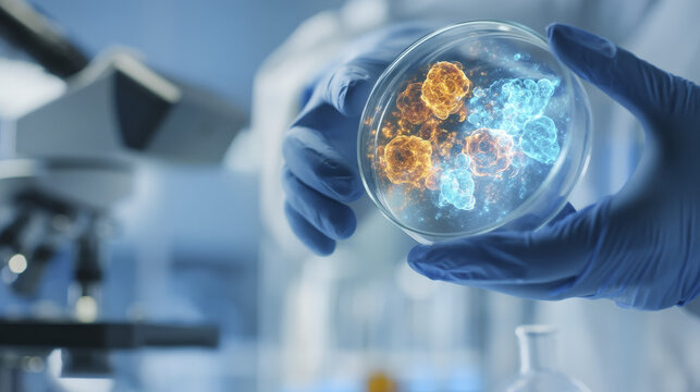 Cutting-edge Senolytics Research: Scientist Analyzing Vibrant Cellular Structures in Petri Dish for Healthy Aging and Disease Prevention.