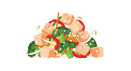 Naklejka premium Healthy Stir Fry Vegetable Dish with Tofu Broccoli and Red Peppers Vector Illustration Isolated on White Background