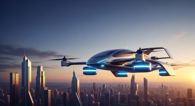 Flying Car VTOL Above Futuristic City at Sunset