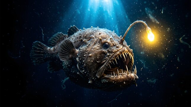 Deep sea anglerfish illuminated by bioluminescent lure in dark ocean