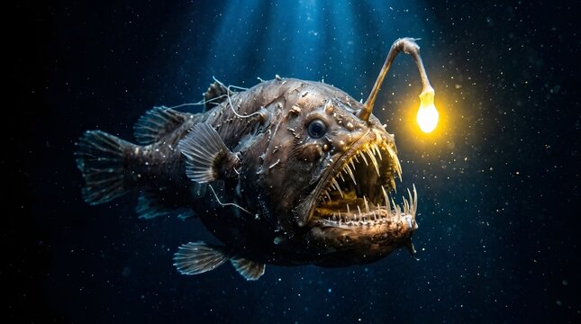 Deep sea anglerfish with glowing lure in dark ocean depths