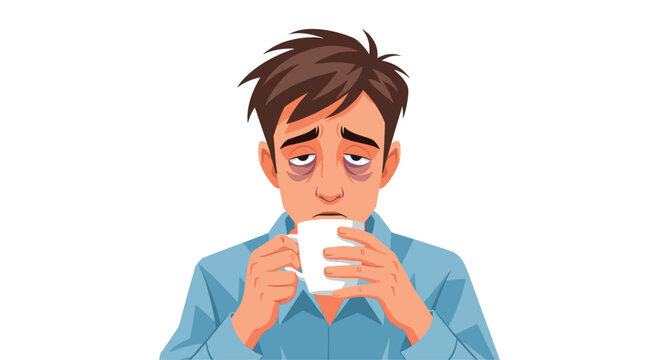 A weary man with messy brown hair and prominent dark circles under his eyes holds a white ceramic mug while looking exhausted and sleep-deprived.