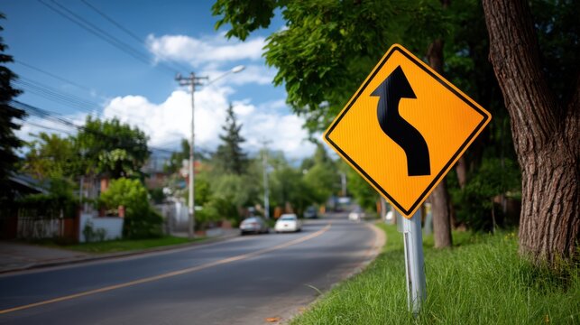 A curved road warning sign is posted beside a suburban street lined with trees and houses under a blue sky with clouds.