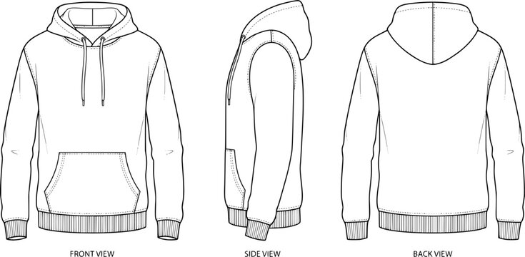 Blank Hoodie Mockup Vector Template - Front, Back and Side Views - Thin Line Fashion Technical Sketch