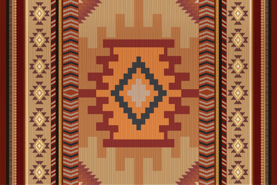 Ethnic Tribal Rug Pattern Background, Geometric Navajo Aztec Carpet Design in Earth Tones