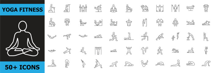 Yoga fitness icon set with over 50 outlined exercise poses editable stroke collection © Vector Pulse
