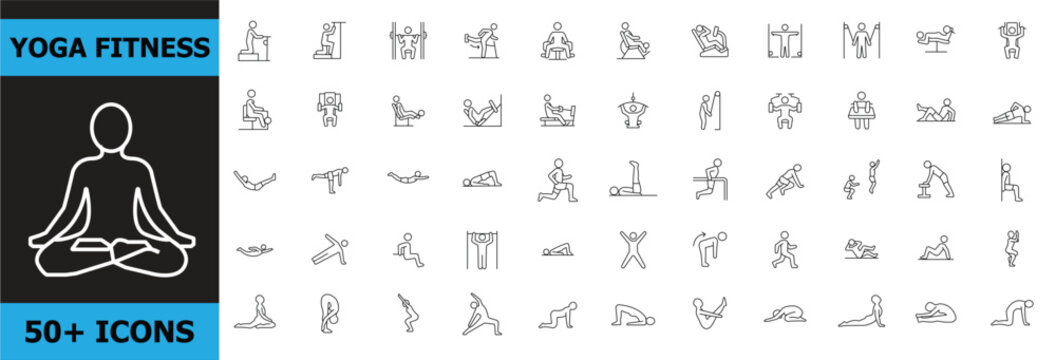 Yoga fitness icon set with over 50 outlined exercise poses editable stroke collection