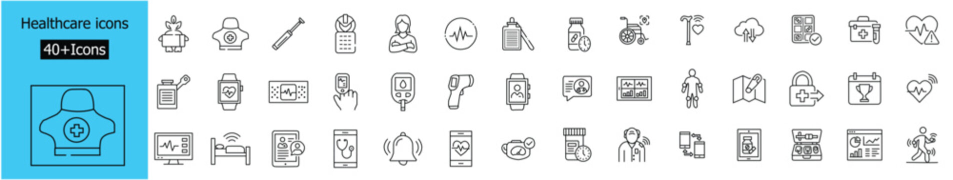 Healthcare and medical icon set with thin line style symbols heartrate blood pressure temprature measuring devices care and fitness