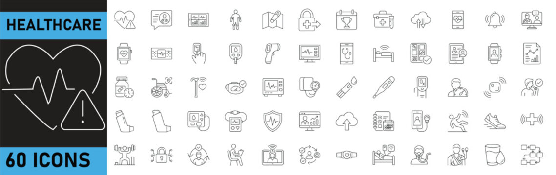 Set of 60 thin line healthcare and medical icons. Icons collection for medical health dept website icons care monitor inhaler etc.