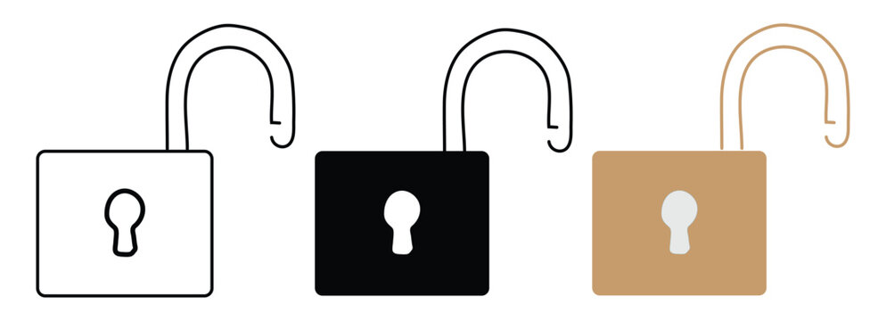 Set of three open padlock icons in outline solid and colors