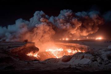 Fototapeta premium Massive wildfire burning intensely across a dry landscape at night, casting dramatic orange and red smoke.