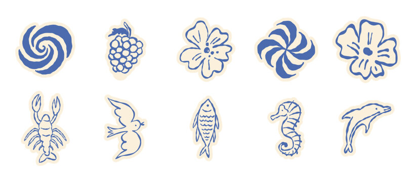 Vector hand drawn sketch doodle illustrations in naive art style, summer sea and beach vacation theme, stickers and drawing for  tropical coastal prints, posters and banners