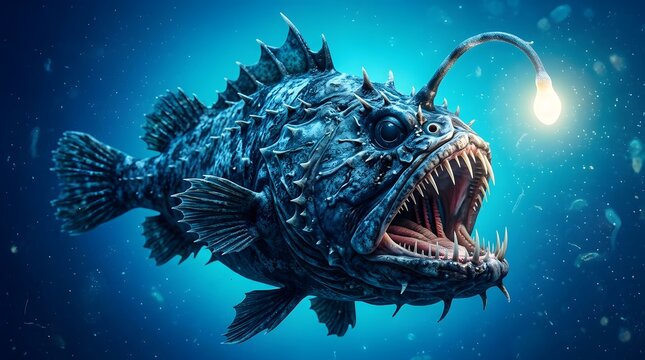 Deep sea anglerfish with bioluminescent lure in oceanic environment