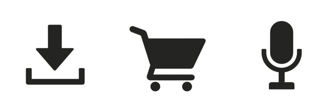 Three flat black icons on a gray background: a download arrow, a shopping cart, and a microphone. Ideal for e-commerce, media, and app interface design.