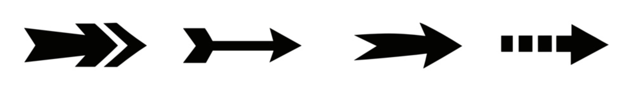 Four minimalist black arrow icons on transparent background: double chevron, single line arrow, bold solid arrow, and dashed arrow all pointing right.