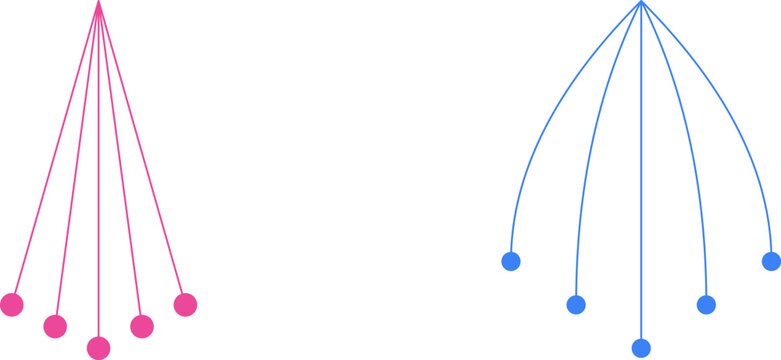 Pink and blue kinetic pendulum motion diagrams showing swing paths on a plain white illustration