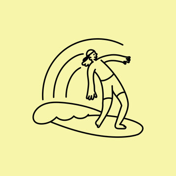 Vector hand drawn doodle cartoon illustration, surfer mascot character, sporty surfing figure riding a wave, playful creative modern sketch design for branding, advertising, t-shirt prints