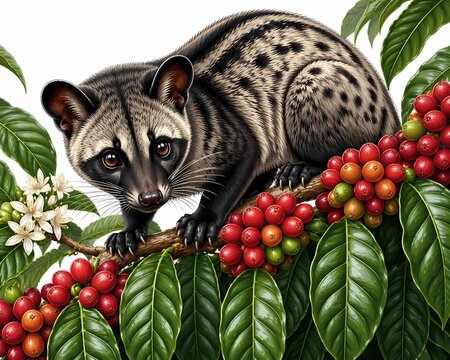 Detailed illustration of a luwak perched on a coffee branch surrounded by ripe red coffee cherries, flowers, and green leaves. Tropical wildlife and coffee theme.Paradoxurus hermaphroditus.