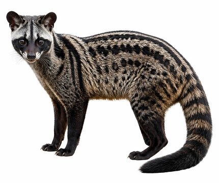 High-quality studio photo of an Asian palm civet (luwak) standing on white background. Detailed fur texture and natural pose of the famous kopi luwak coffee animal.