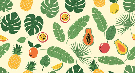 Vibrant tropical summer pattern with exotic fruits and lush green leaves, perfect for textile design, wallpapers, and beach-themed backgrounds © Sagara art