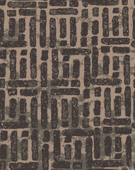 Seamless distressed earthy brown geometric block pattern. Textured grunge basketweave crosshatch background. Abstract urban camouflage textile design. © RDYD Studio