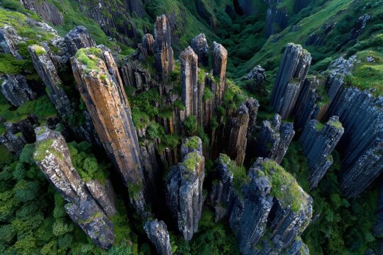 Towering moss-covered rock columns rise dramatically through a lush, green, mountainous landscape.