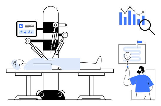 Robotic surgery, medical innovation, healthcare technology, data analysis, futuristic medicine, AI integration, research. Robotic system operating on a patient charts and diagrams. Robotic surgery