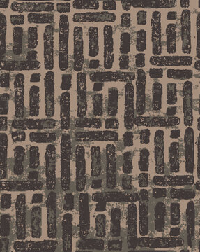 Seamless distressed earthy brown geometric block pattern. Textured grunge basketweave crosshatch background. Abstract urban camouflage textile design.