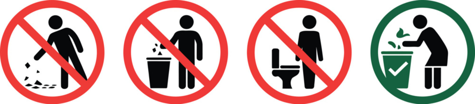 Keep clean sign vector, illustration, proper waste disposal icon showing rubbish garbage and trash being placed in bin for public awareness and hygiene concept.