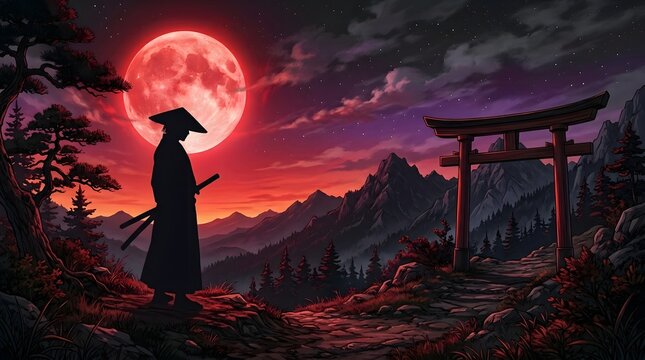 Samurai silhouette under red moon in mountainous landscape