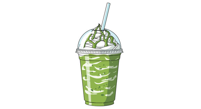 Iced Matcha Green Tea Frappe with Whipped Cream in Plastic Cup Vector Illustration