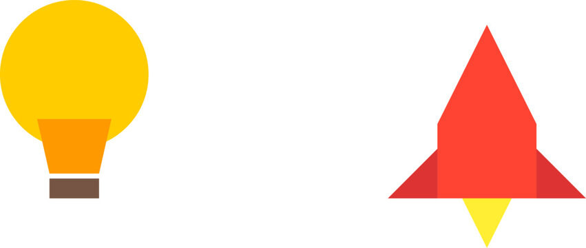 Minimalist flat design icons representing creative business ideas and successful startup launch on white illustration