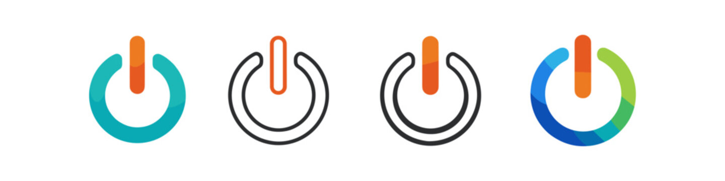 Collection of power button icons in various styles and colors on a white background