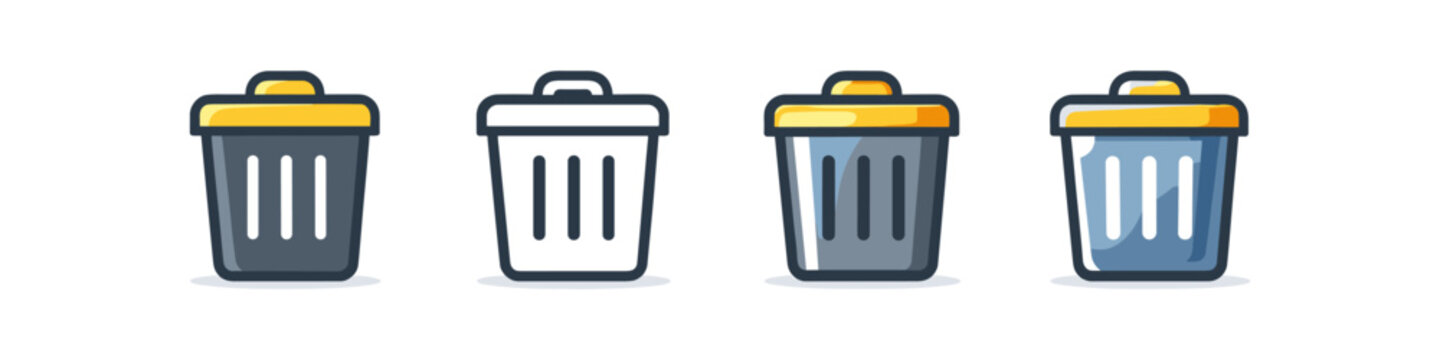 Collection of four different trash can icons with yellow lids and varied designs