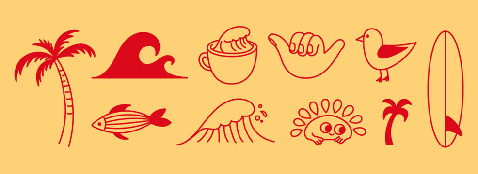 Vector hand drawn doodle cartoon illustration, surfer mascot character, sporty surfing figure riding a wave, playful creative modern sketch design for branding, advertising, t-shirt prints