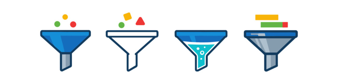 Set of four funnel icons illustrating data filtering, sorting, and processing concepts