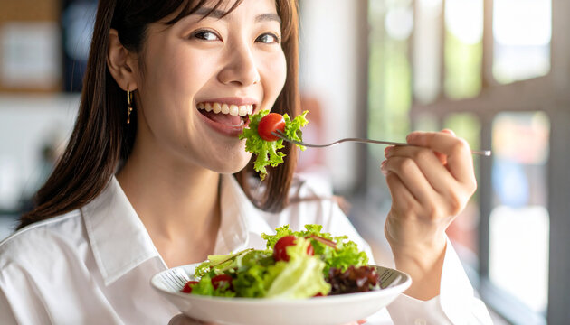 サラダを食べる女性