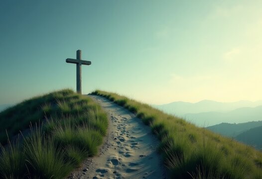 Cross on a grassy hilltop with a winding dirt path leading towards distant mountains under a clear sky during sunrise or sunset