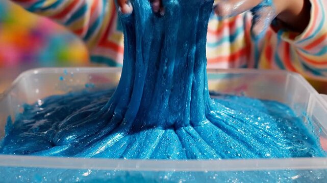 Child exploring blue, glittery slime with a hand in a bright outdoor setting, colorful background enhancing the playful atmosphere