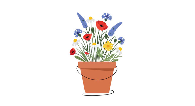 Wildflower Bouquet in Terracotta Pot Vector Illustration - Colorful Garden Flowers with Poppies, Daisies, and Cornflowers